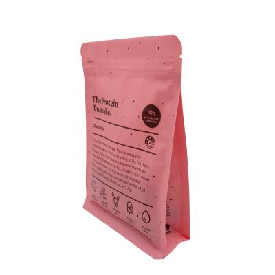 China Custom Pink Recyclable EVOH Resealable Box Bottom Pouches For Packing Protein Pancake Food Packaging for sale