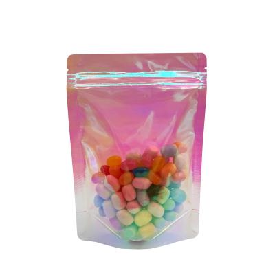 China Custom Rainbow Holographic Pink Color Stand Up Pouches with Resealable Zipper for Packaging Food, Candies, Accessories, for sale