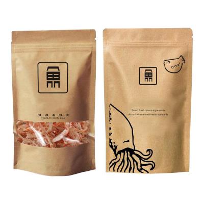 China Bolsa de papel Kraft de pie impresa con cremallera con ventana transparente mate para envases secos de mariscos en venta