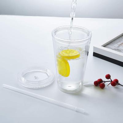 China Contemporary wholesale portable plastic acrylic double wall cups low price 16OZ clear fruit water bottle with lids and straw for sale