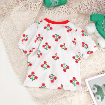 China Breathable Wholesale Kids Clothing Summer Baby Outfits Red Organic Cotton T-Shirt With Flowers for sale