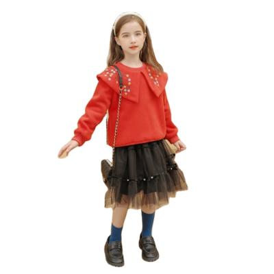 China Anti-wrinkle Christmas kids clothes red sweatshirt with black lace short skirt dress for kids girl 2 packs for sale