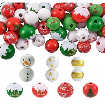 China Europe Christmas Wood Beads White Snowman Rustic Farmhouse Round Print Wooden Beads For Christmas Garland Jewel Wooden Craftsry Making for sale