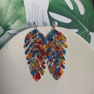 China TRENDY S925 Needle Boho Summer Vacation Island Acetate Silver Leaf Earrings for sale