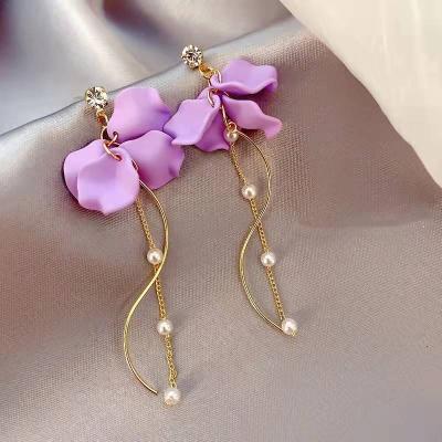 China New 925 TRENDY Long Silver Purple Shell Flower Needle Bead Tassel Earrings For Women for sale