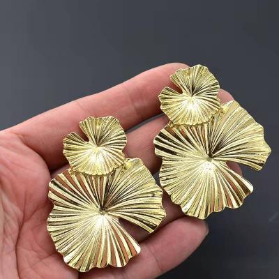 China New Trendy Metal Exaggerated Brushed Gold Leaf Flower Stud Earrings for sale