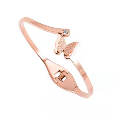 China CLASSIC 18K Titanium Steel Rose Gold Butterfly Frosted Bracelet With Diamonds For Women for sale