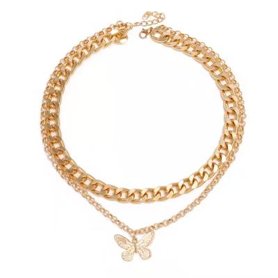 China Fashionable retro metal double INS butterfly hip-hop thick chain necklace for sale