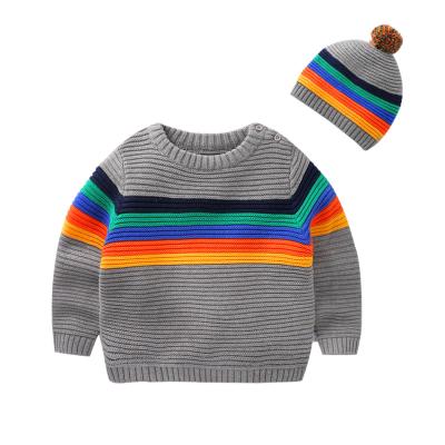 China Anti-pilling small cotton pompom hat striped baby knitted sweater set customized by MOQ for sale