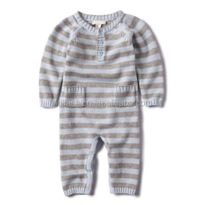 China Wholesale Long Sleeve Baby Clothes Stripes Knitted Organic Cotton Baby Rompers With Pockets for sale