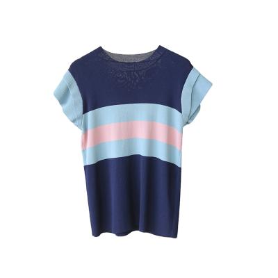 China Breathable Ladies Fashion Short Sleeve Stripes Knit Pattern Cool Fabric Custom Made Summer T-Shirt For Women for sale