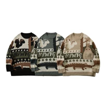 China Custom Mens Street Wear Breathable Wool Jacquard Knit Vintage Plus Size Loose Crewneck Pullover Sweater for sale