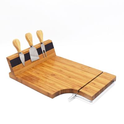 China Sustainable Wholesale Bamboo Cheese Cutting Board And Stainless Steel Knife Set With Wire Slicer for sale