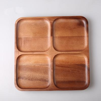 China Viable Accept Custom Wooden Square Four Compartment Wooden Snacks Box Solid Acacia Fruit Tray for sale