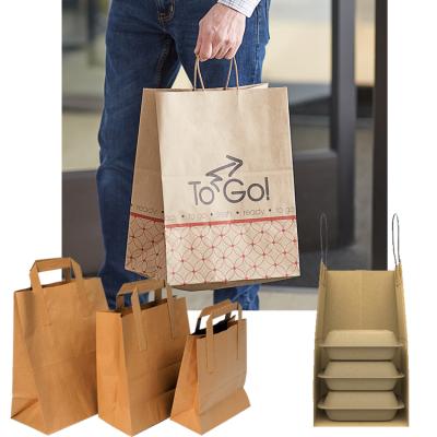 China Recyclable Custom Logo Print With Handle Recycled Restaurant Catering Food Take Out Packaging Brown Kraft Paper Bag for sale