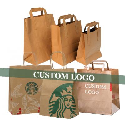 China Recyclable Recycled Custom Logo Printed Restaurant Food Takeaway Grocery Take Out Brown Kraft Paper Packaging Bag With Handles for sale