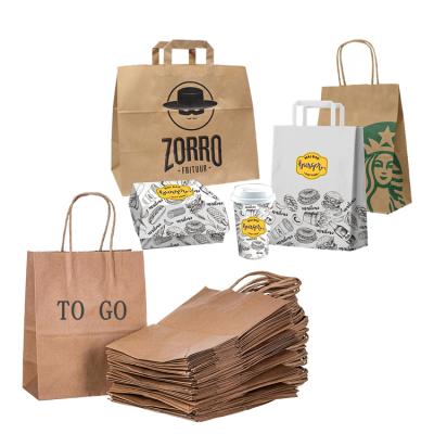 China Recyclable Custom Flat Paper Handles Brown Fast Food Kraft Paper Takeout Takeaway Bag For Restaurant Packaging for sale