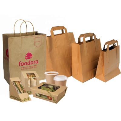 China Recyclable Custom Print Grocery Restaurant Custom Food Take Out Flat Handle Natural Brown Kraft Paper Bag With Your Own Logo for sale