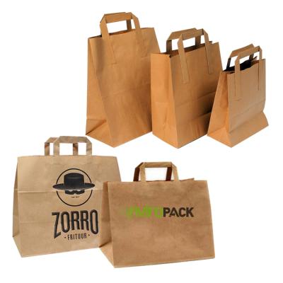 China Recyclable Kraft Paper Bags Flat Bottom Food Packaging Togo Take Away Restaurant Pizza Flat Handles for sale