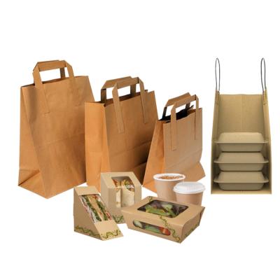 China Recyclable Custom Your Own Logo Take Out Bag For Restaurant Fast Food Grade Kraft Paper Biodegradable Take Out Bag With Handle for sale