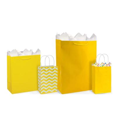 China Recyclable Custom Printed Matching Yellow Logo Bulk Price Small Kraft Paper Gift Bag With Twisted Handle for sale