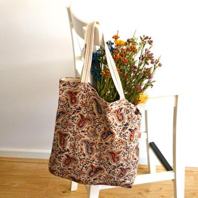 China Recyclable for Beach Hand Block Print Shoulder Cotton Oversized Reusable Shopping Tote Bag with Strap or Leather Handle for sale