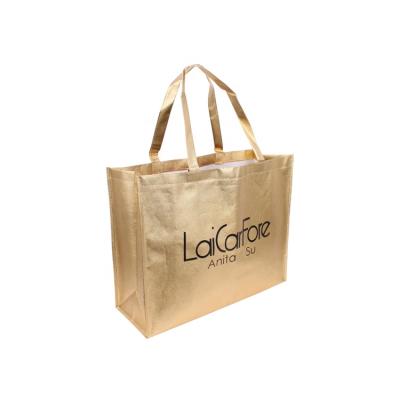 China Eco Friendly Low Price Custom Design Metallic Laminated Beach Tote Bag Logo Printing Non Woven Gold for sale