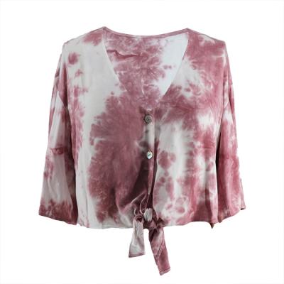 China Breathable Casual Tie Dye Ladies Tops With V Neck Summer Fabric For Women Short Ladies Blouses for sale