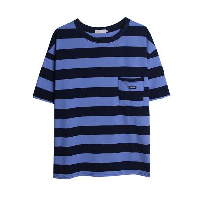 China Anti-wrinkle summer striped T-shirt female simple Korean style student couples loose short-sleeved top for sale