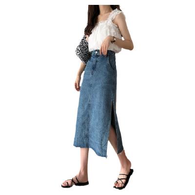 China Autumn Korean plus size version of the new high waist line one was thin, mid length plus size denim skirt women's all-match irregular slit for sale