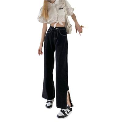 China Breathable Denim Wide-Leg Pants Women's Loose Slit Lace High Waist Slim Straight Wiping Pants for sale