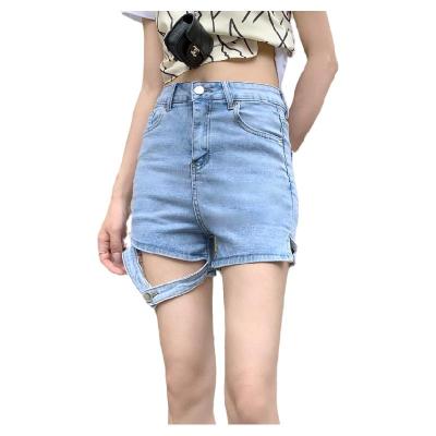 China Anti-wrinkle lace-up split denim shorts women's summer tight-fitting stretch thin a-line shorts ultra high-waisted for sale