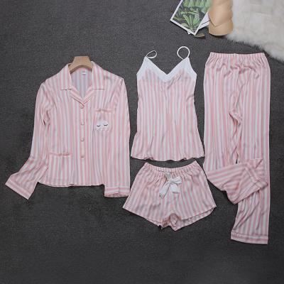 China Thin striped household clothes bridle sharper pajamas women's spring long summer and autumn sleeve 4-piece ice silk suit can be worn for sale