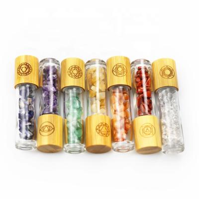 China Wholesale Natural Stone Gemstone Engraved Bamboo Chakra Essential Oil Roller Bottles for sale