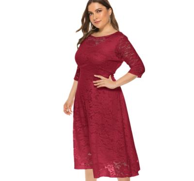 China Plus Size Dress 1-6xl Mid Length Dress Pocket Hollow Out Lace Skirt Scalloped Dress for sale