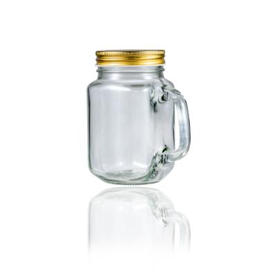 China Factory Supplier 16oz 480ml Eco-friendly Recyclable Beverage Drinking Use Wide Mouth Mug Glass Mason Jar With Handle Lid Canning Jar for sale