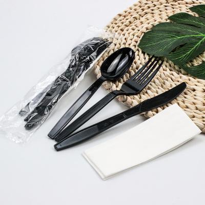 China Economy Best Selling Plastic PS Knife Spoon Fork And Napkin In One Individually Pack Disposable Black Cutlery Set for sale