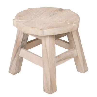 China Farmhouse Whitewash Design Hand Carved Acacia Hardwood Decorative Short Stool for sale