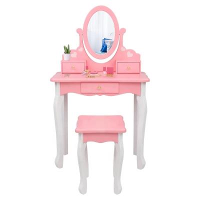 China Wholesale Custom Modern Kids Makeup Set Pink Wooden Dressing Table With Stool for sale