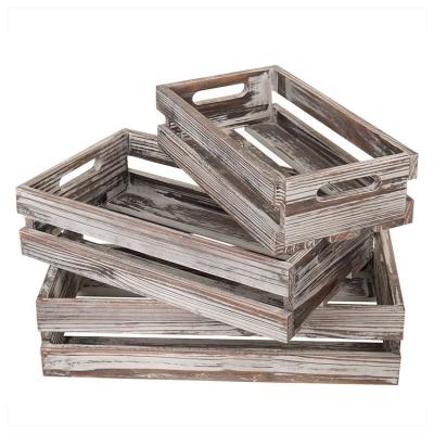 China Sustainable 3 Country Rustic Nesting Set Torched Wooden Fruit Storage Crates With Handles for sale