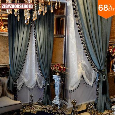 China 2021 New Light Luxury Blackout American Gray Ready Made Velvet Drapes Curtains For Living Dining Room Beaded Curtain for sale