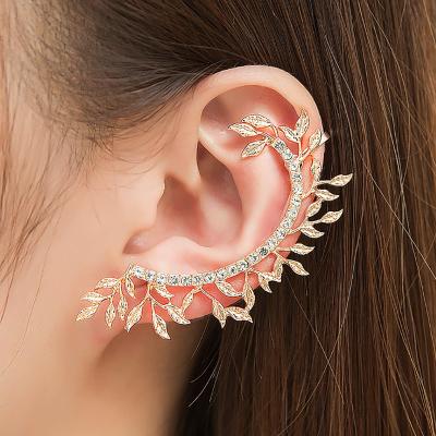 China Romantic Crystal Branch Leaves Ear Hangings for Women No Leaf Ear Clip Jewelry Gold Color Rhinestone Pierced Silver Earings Boyfriend Gift for sale