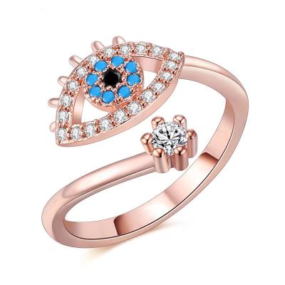 China Hiphop Gold/Silver/Rosegold Plated Personalized Blue CZ Crystal Eye Finger Open Adjustable Zirconia Evil Eye Ring for sale