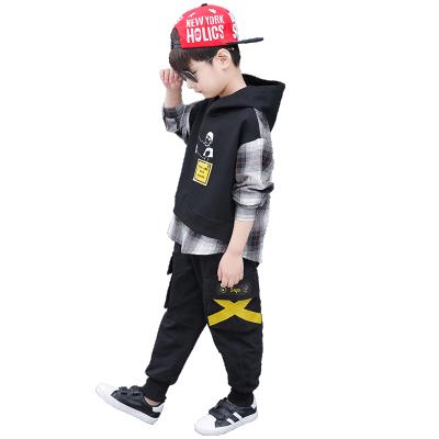 China Fashion Plaid Casual Boyskids Long Sleeve Wear Hooded Top + Cargo Pants Boys Fake Two Pieces Set for sale