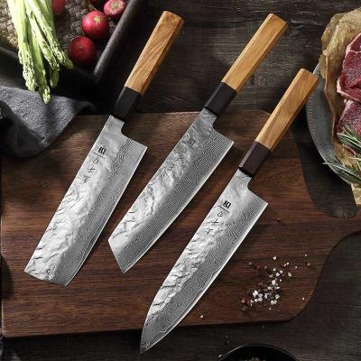 China Fangzuo Viable Set 3 Japanese Style Professional Kitchen Knives 67 Layers Damascus Steel Kitchen Knife Set With Wooden Handle for sale