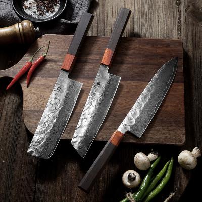 China Viable Professional Japanese Kitchen Knife Set 3pc Damascus Steel Chef Knife Meat Cleaver Slicing Knife for sale