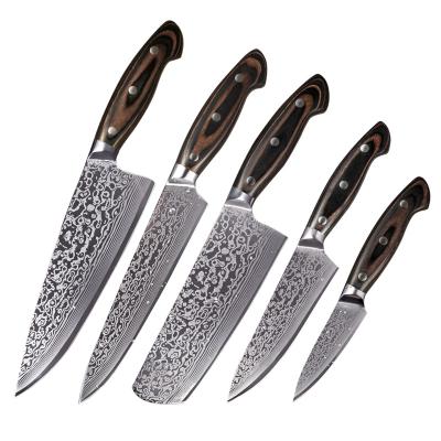 China Sustainable Fangzuo Set 5 Premium Stainless Steel Kitchen Knives Laser Damascus Pattern Chefs Knife Kitchen Knife Set with Wood Handle for sale