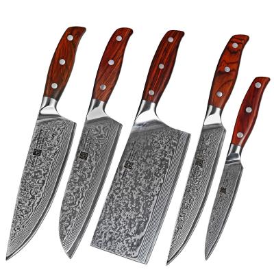 China Fangzuo 5 PCS Viable Professional Kitchen Serving Knife 67 Layers Damaskus Steel Kitchen Knife Set Rose Wood Handle for sale