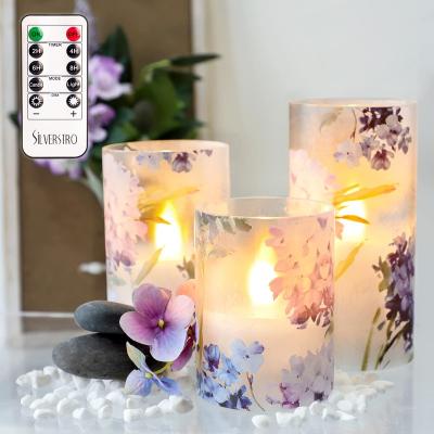 China Birthdays Orstar Glass Flameless Candles With Remote And Romantic Love Theme Flickers Hydrangea Decal LED Candles for sale