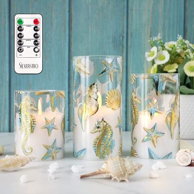 China Birthday Orstar Flicker Flameless Candles With Seahorse Outside, Starfish Shell Decal Battery Operated Candles for sale